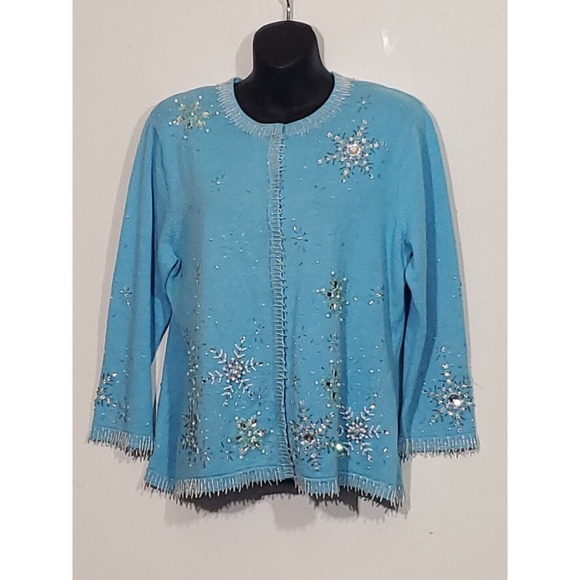 Berek by Takako Sakon XL Button Down Light Blue Sequins Beaded Cardigan Sweater - Picture 2 of 13